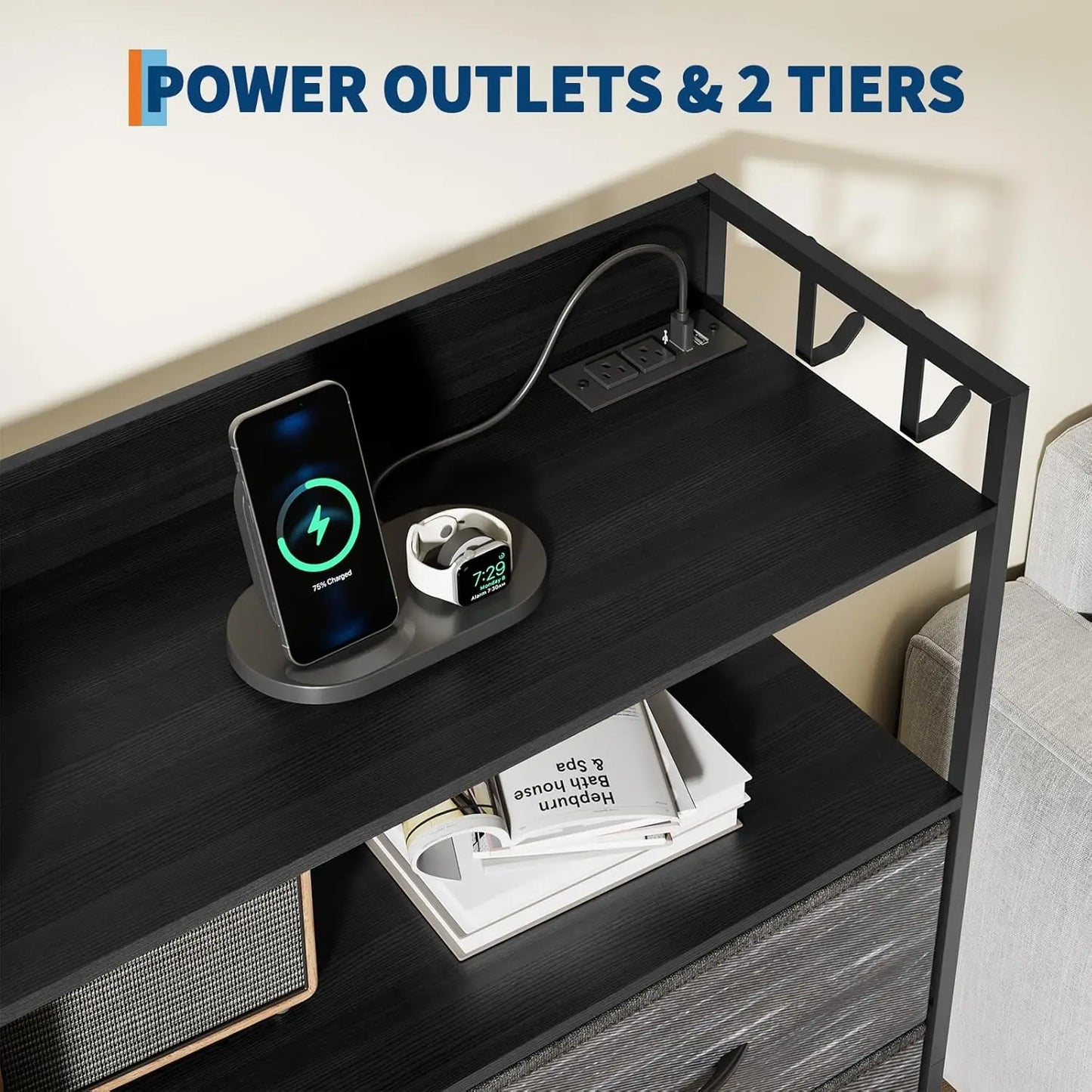 Storage Dresser With Fabric Drawers, Charging Station, LED Lights