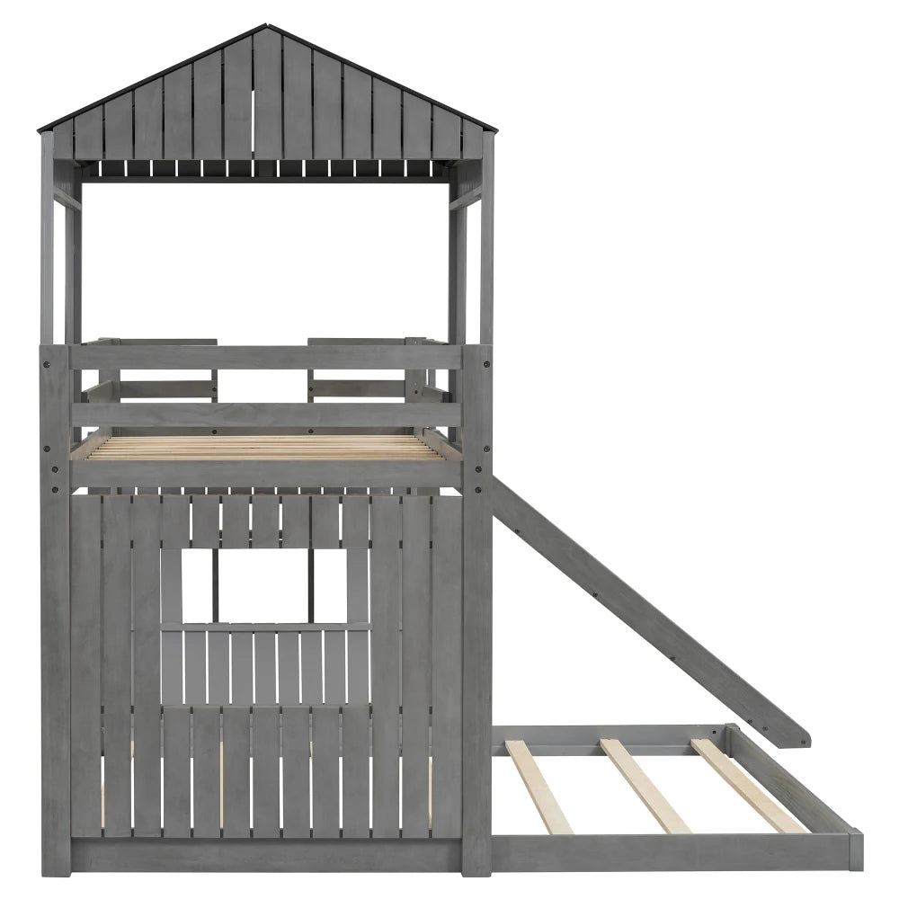 Wooden Bunk Bed With Playhouse Ladder Slide And Guardrails