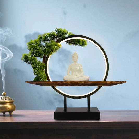 Buddha Statue Indoor Tabletop Decor With LED Circle Lamp