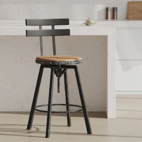 Rustic Antique Barstool With Firwood Seat And Smooth Metal Back