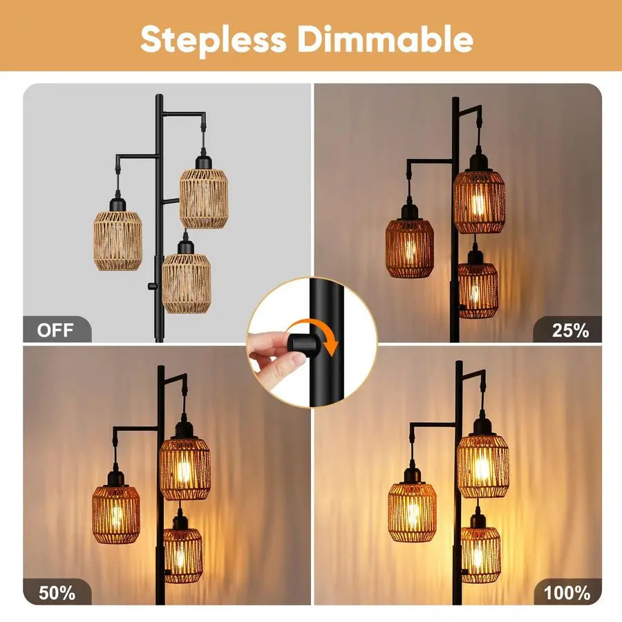 Dimmable Boho Floor Lamp Three Light Farmhouse Rattan