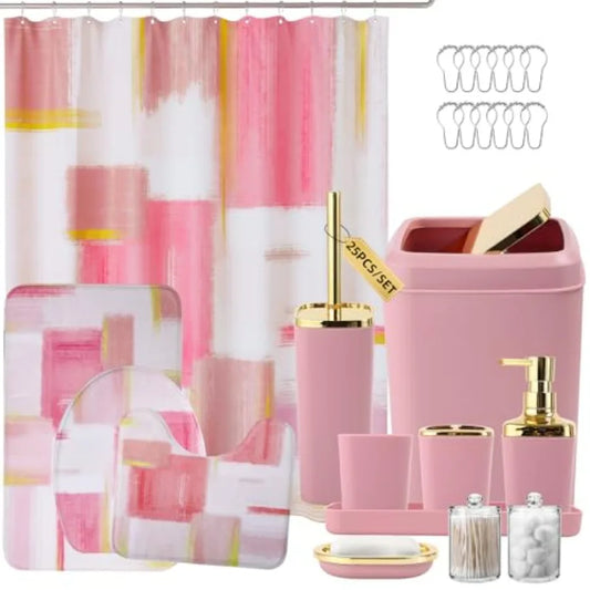 Bathroom Accessory Set With Shower Curtain Rugs Trash Can Dispenser