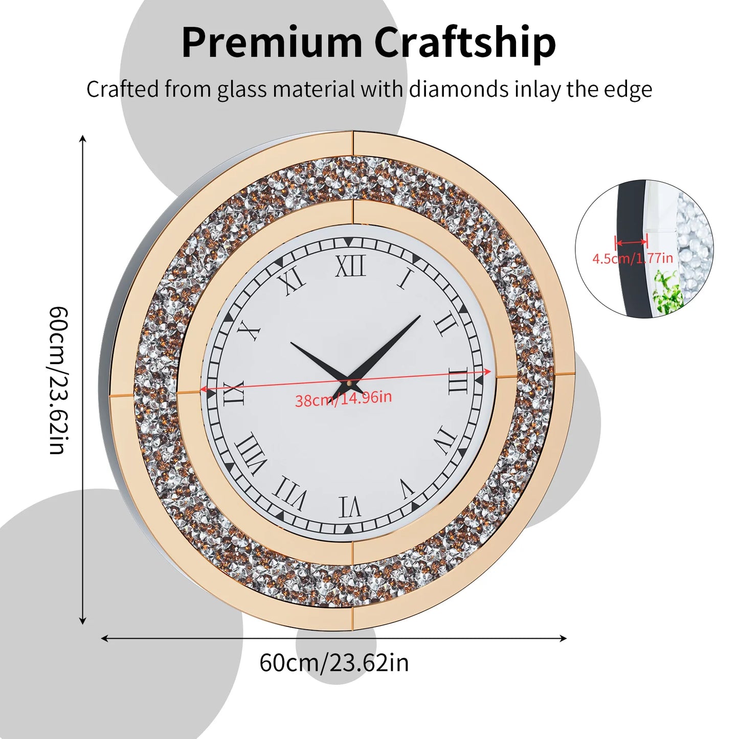 Round Mirrored Wall Clock With Crystal Accents For Living Room