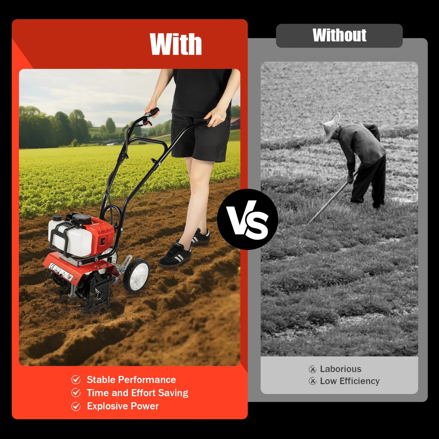 52CC Gas Tiller Cultivator 1700W Rototiller Garden Tool