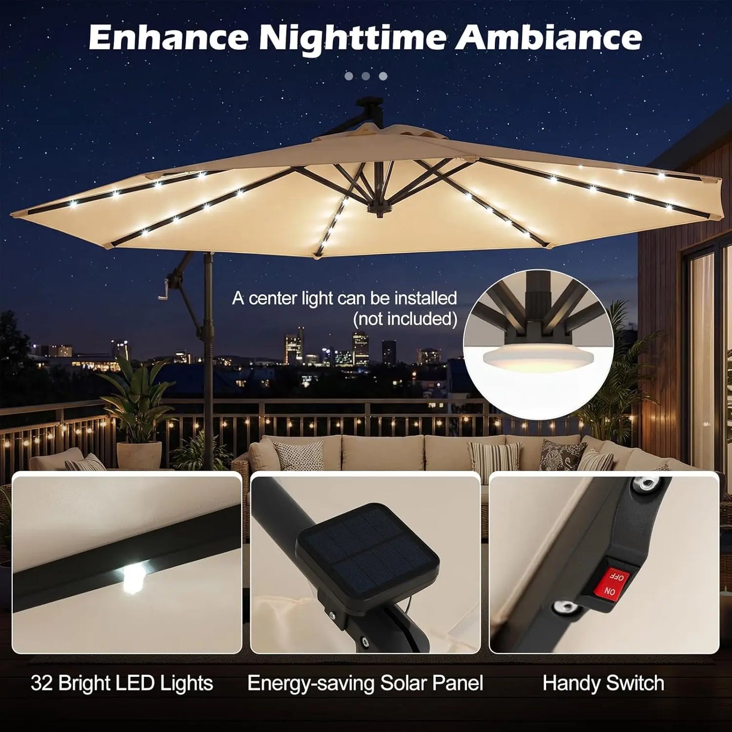 Solar Patio Cantilever Umbrella With Base And LED Lights