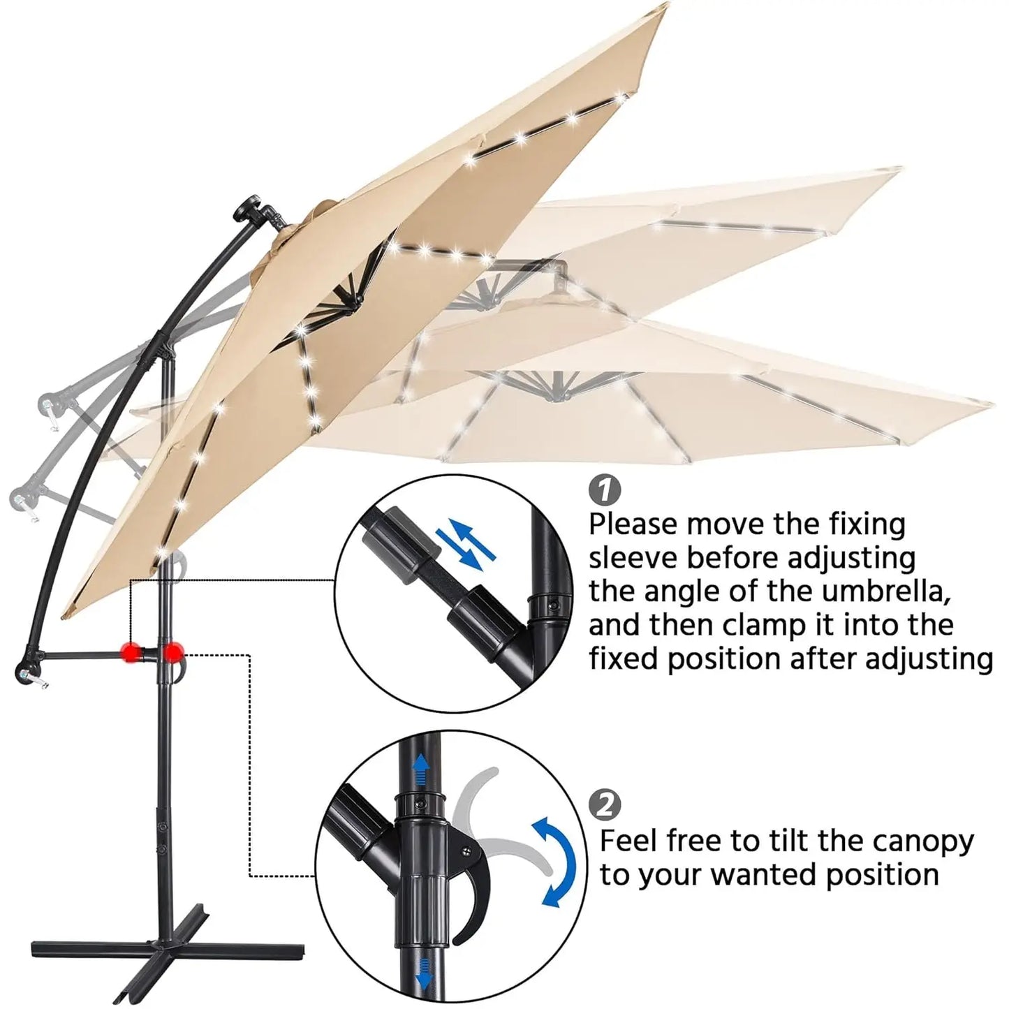 Solar Offset Cantilever Umbrella With 32 LED Lights Outdoor Patio