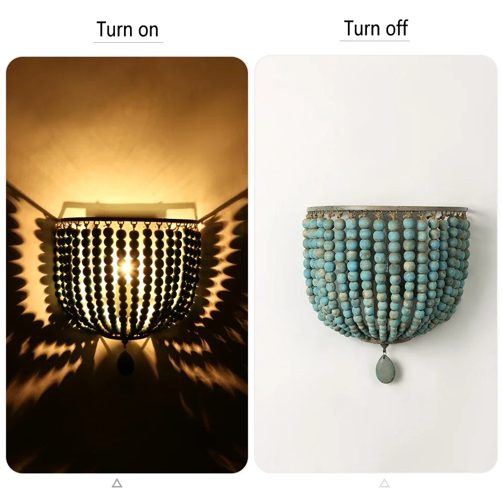 Industrial Retro Wood Bead Wall Lamp E14 Loft Bedroom Cafe