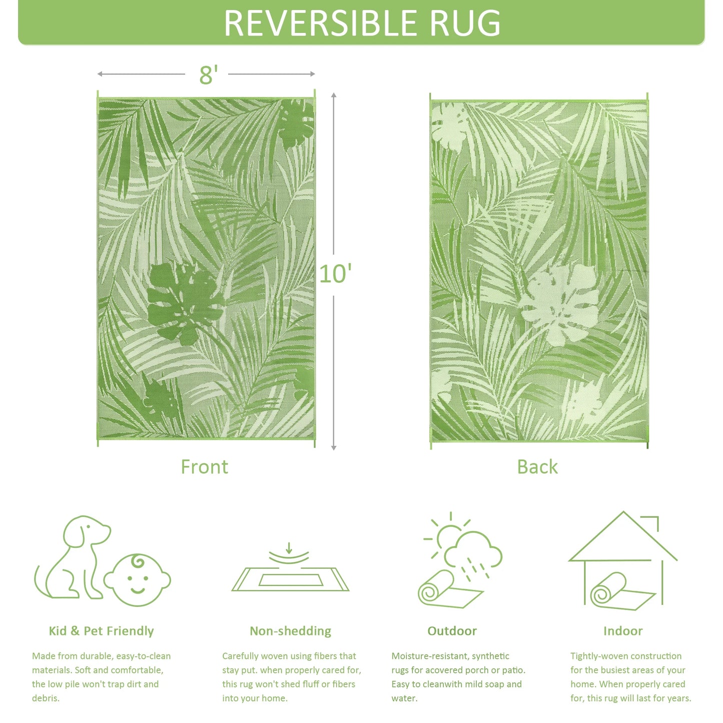 Outdoor Rug Waterproof Recycled Plastic Straw Pattern for Patio and Deck
