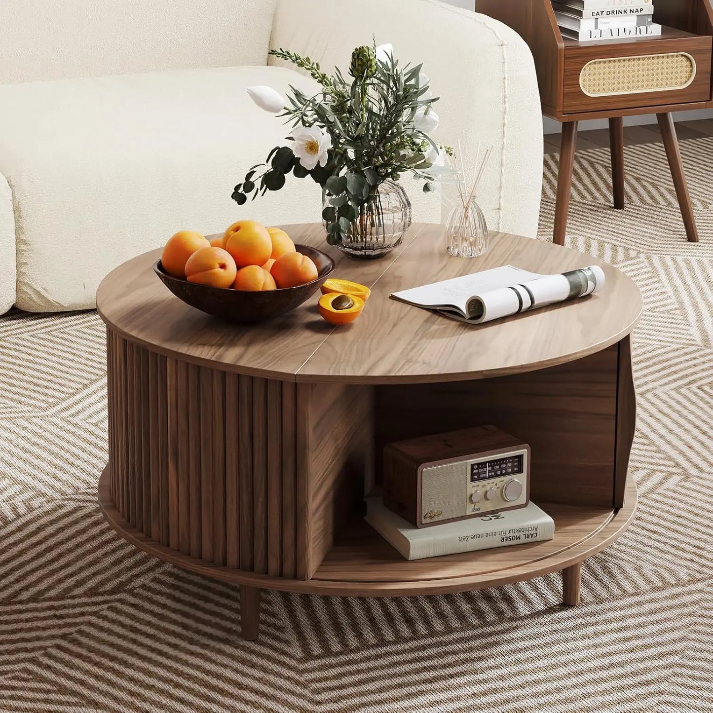 Round Coffee Table With Hidden Storage In Walnut Wood Drum