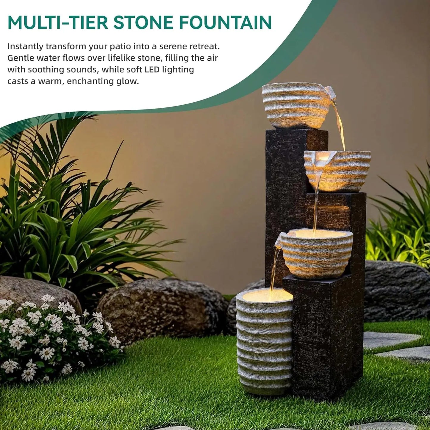 Outdoor Water Fountain With Led Lights Pump Multilayer Cascading Polyresin