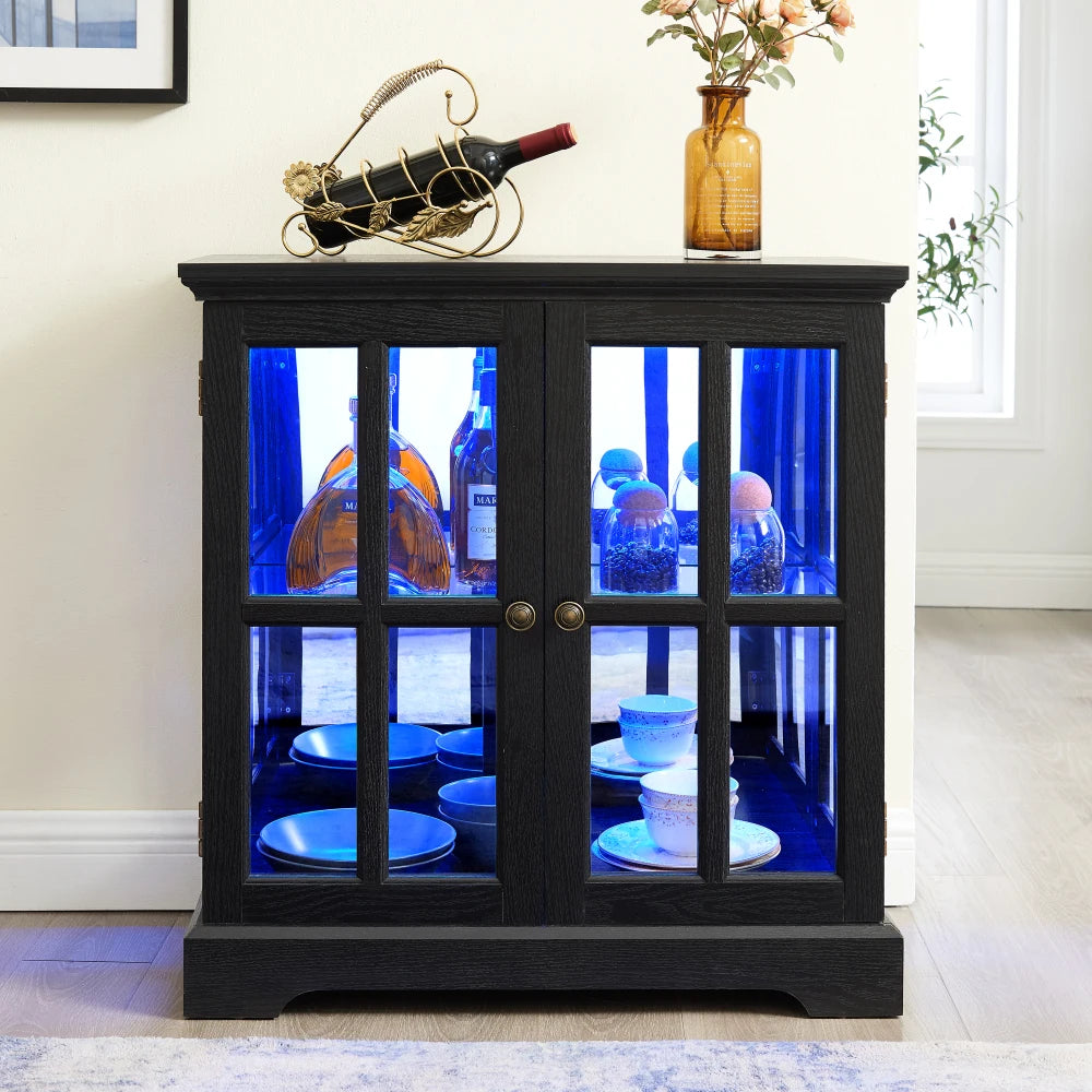 LED Curio Display Cabinet With Adjustable Shelves And Lattice Doors