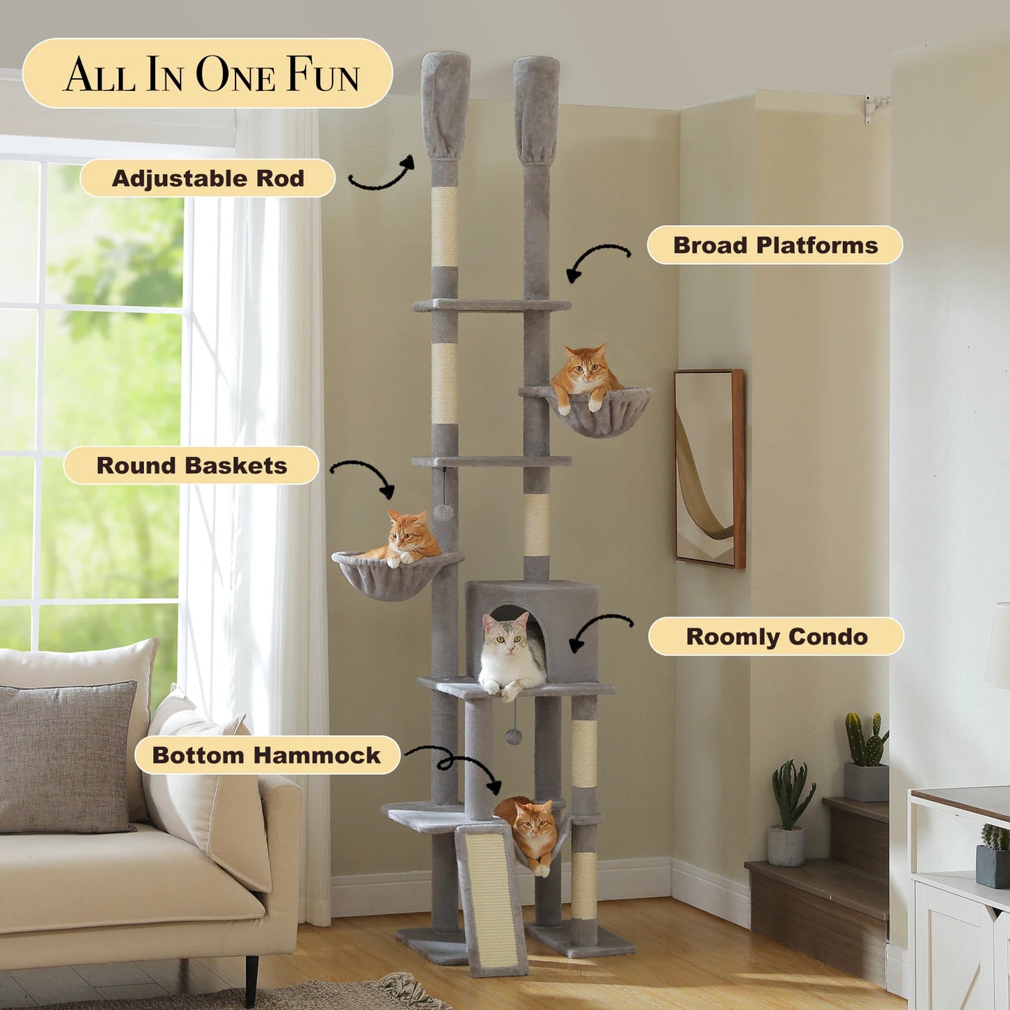 PAWZ Road Cactus Cat Tree Floor To Ceiling Cat Tower With Hammocks