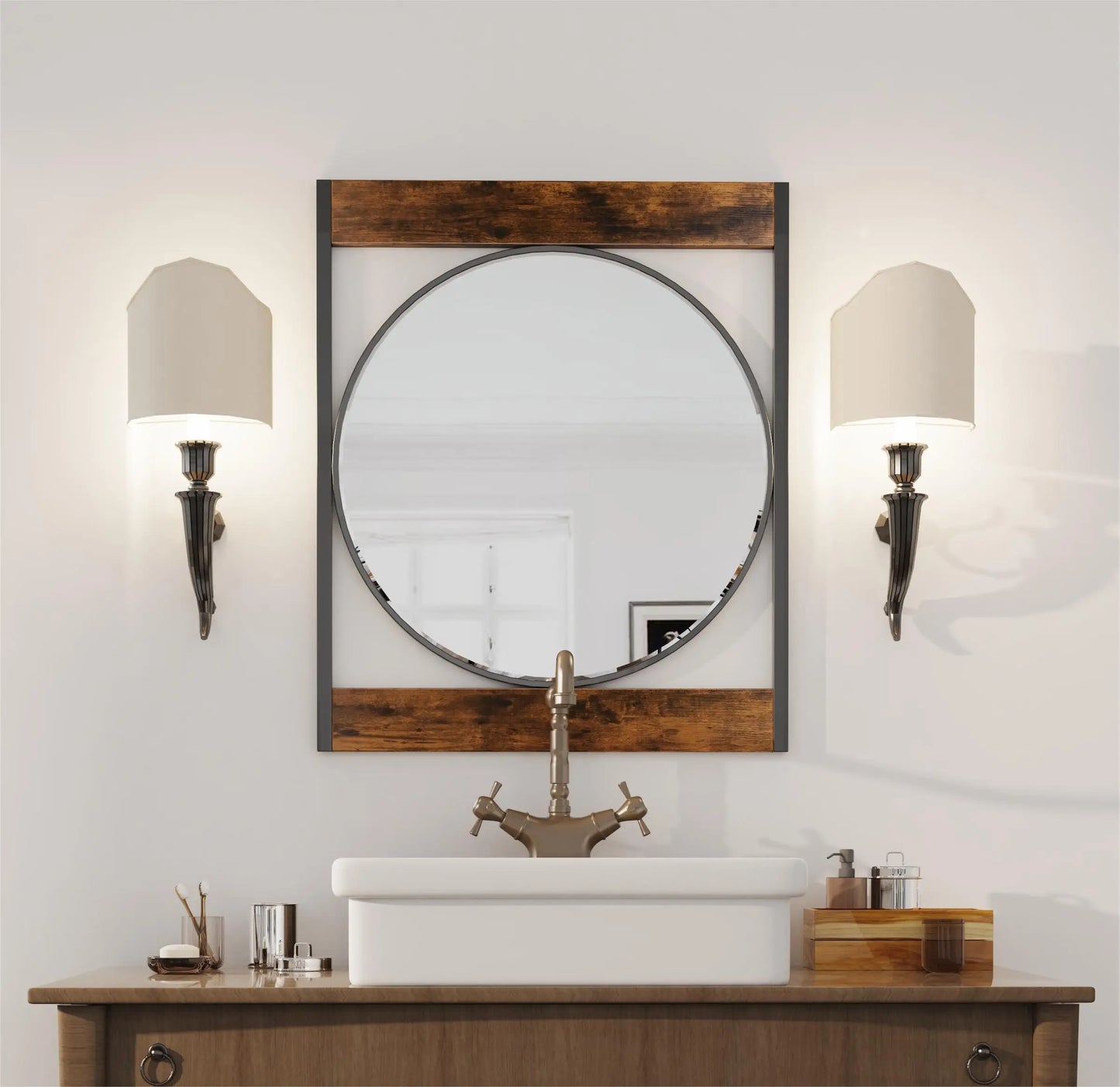 Industrial Metal Wood Frame Wall Mirror for Bathroom