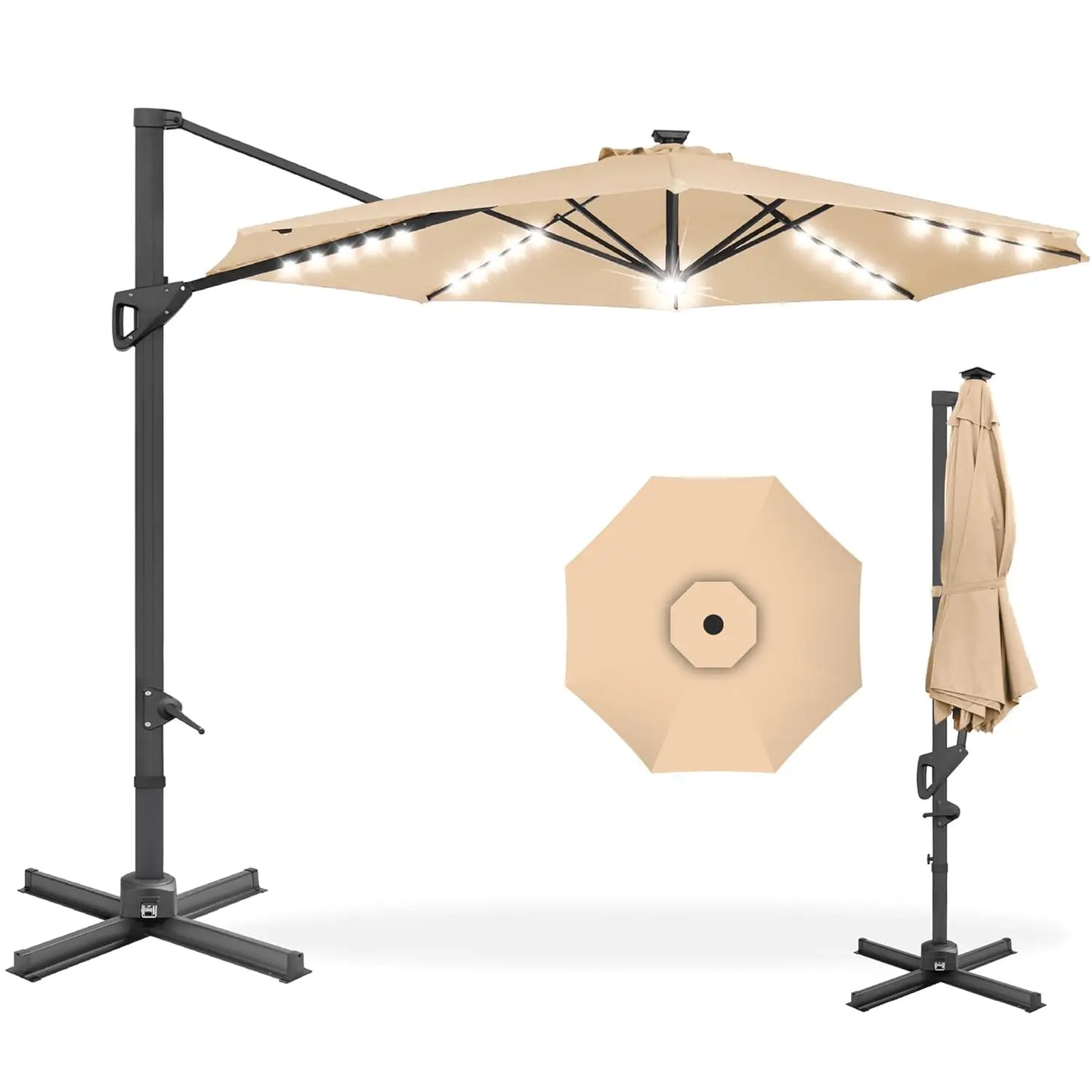 Cantilever Solar LED Patio Umbrella 360-Degree Rotation