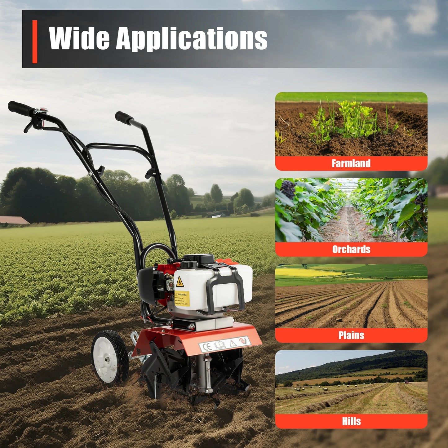 52CC Gas Tiller Cultivator 1700W Rototiller Garden Tool