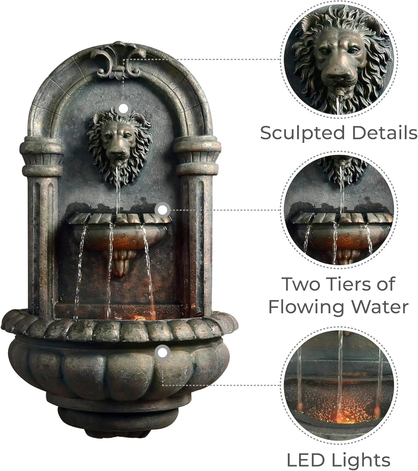 Antique Bronze Wall Mounted Lion Head LED Outdoor Water Fountain