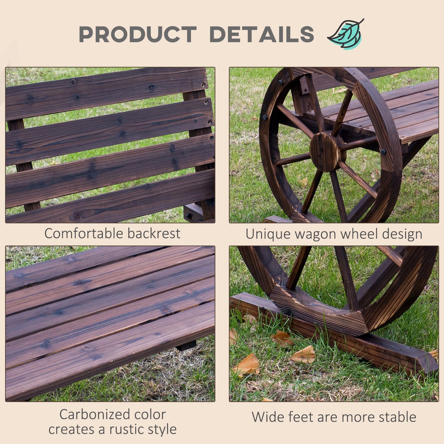 Outsunny Wagon Wheel Bench Wood Outdoor Garden Chair Loveseat