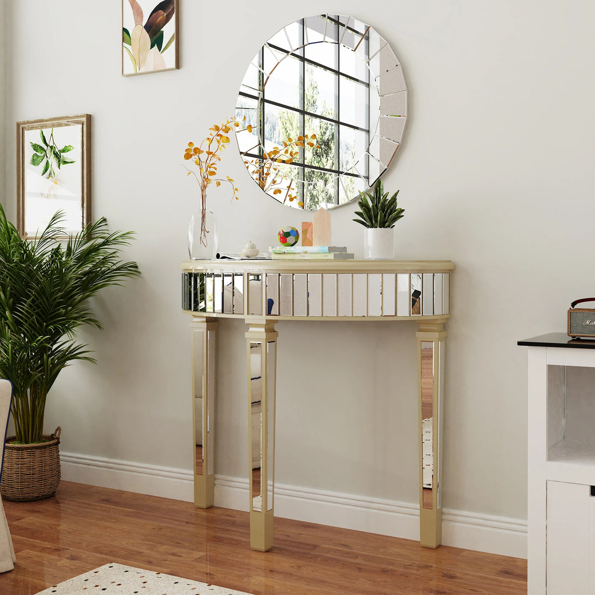 Ornate Mirrored Half Moon Console Table For Entryway Living Room