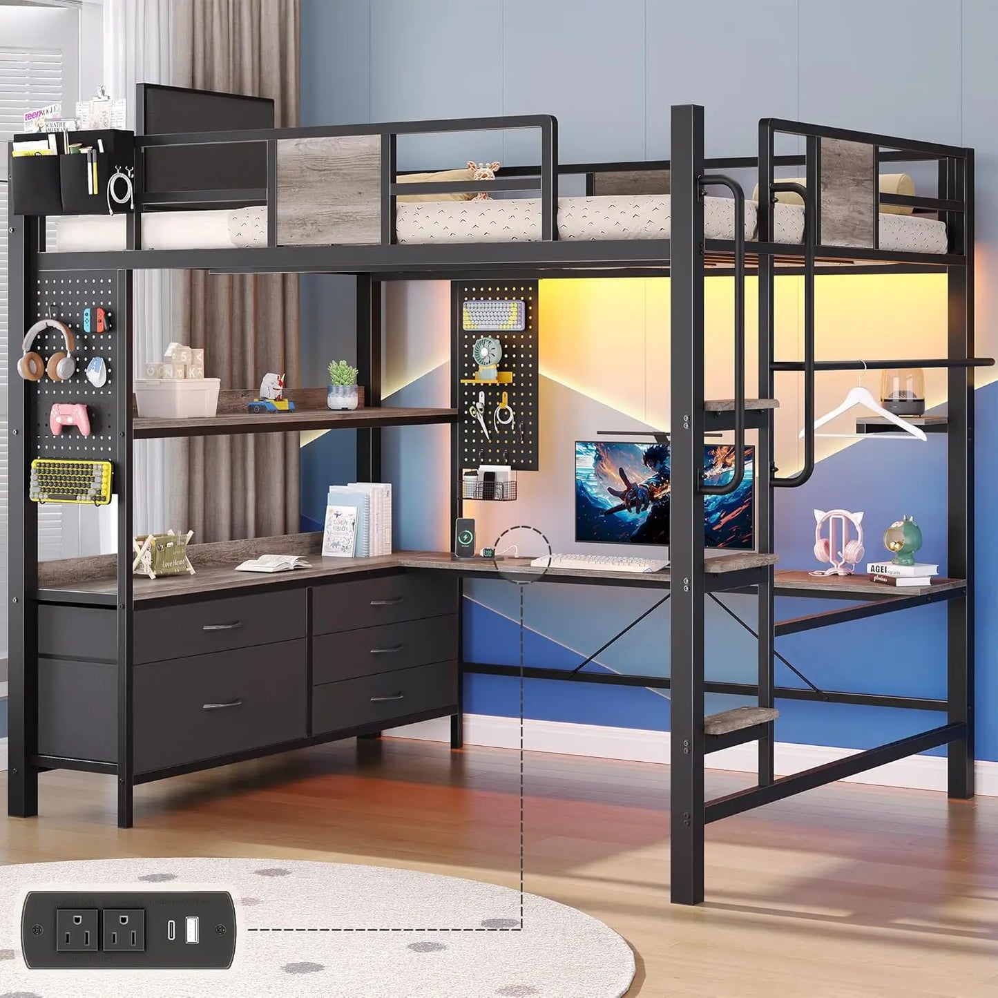Loft Bed With Desk And Storage Shelves LED Charging Station