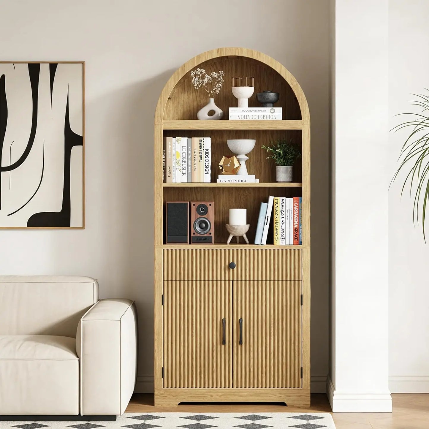 Farmhouse Arched Bookshelf 5-Tier Cabinet With Door