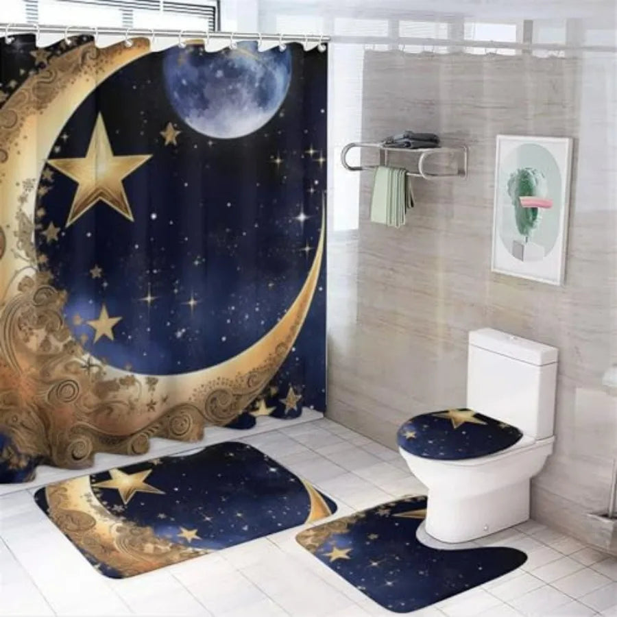 Moon Star Design Bathroom Curtain Set With Rugs