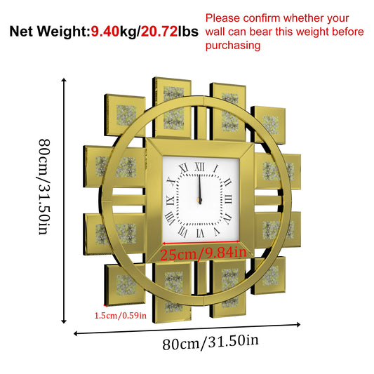 Mirrored Crush Diamond Wall Clock Quartz With Roman Numerals