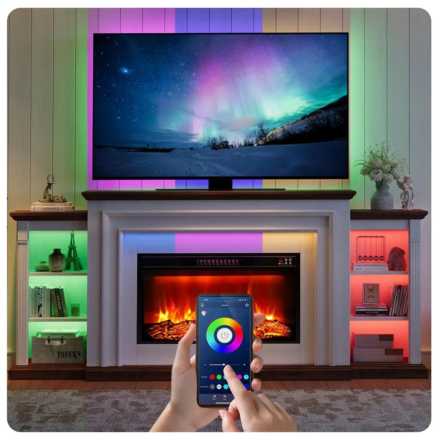 Electric Fireplace TV Stand With Mantel And Freestanding Heater Adjustable Flame
