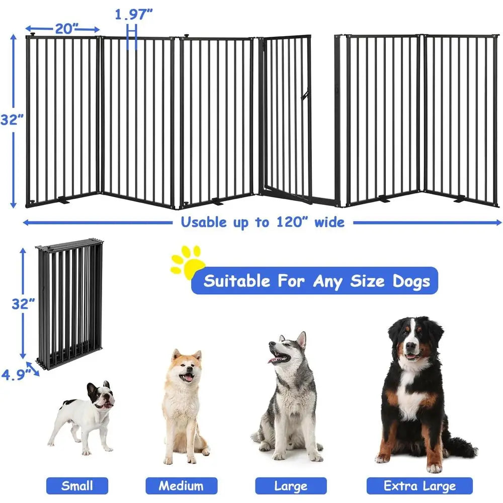 Six-Panel Metal Freestanding Dog Gate With Door And Detachable Panels