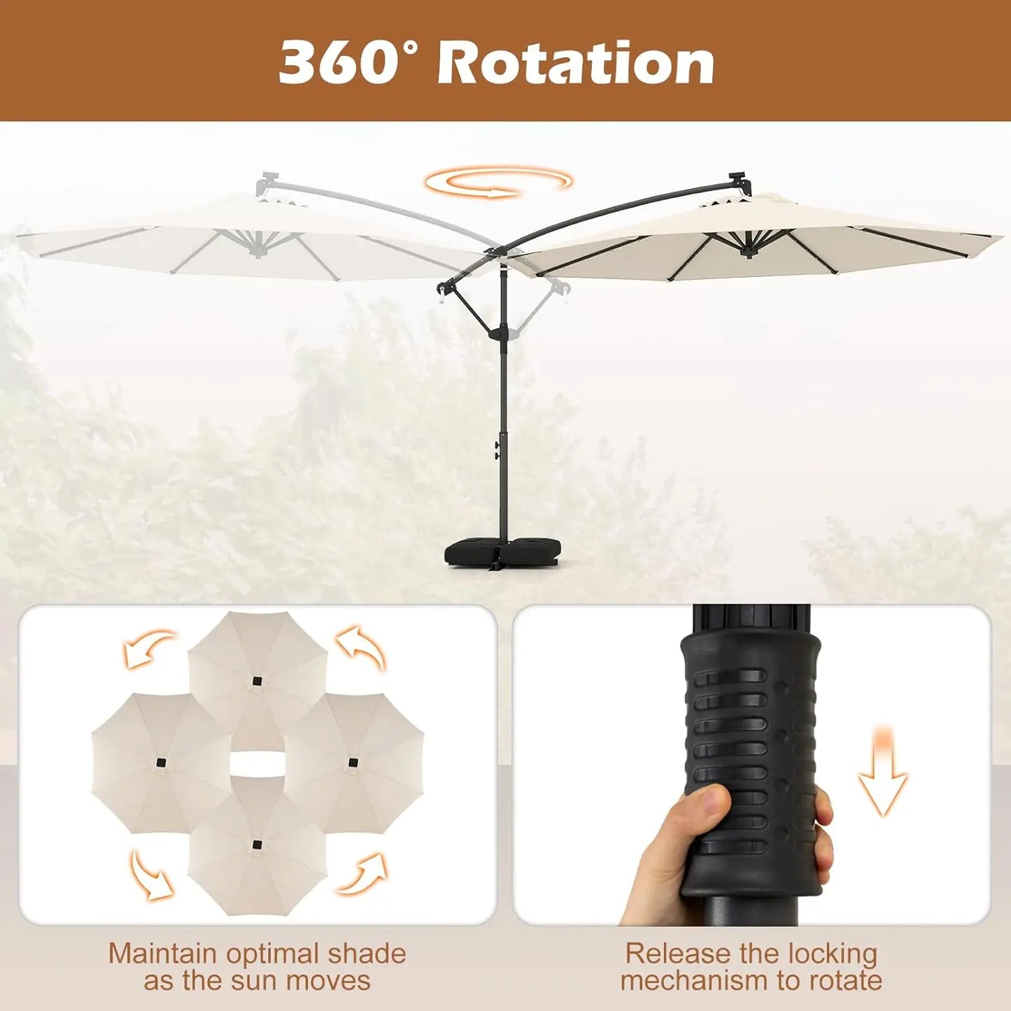 Solar Patio Cantilever Umbrella With Base And LED Lights