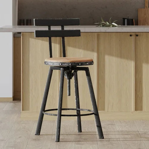 Rustic Antique Barstool With Firwood Seat And Smooth Metal Back