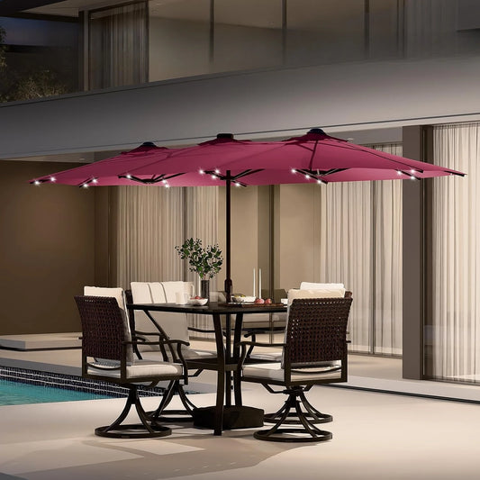 Patio Umbrella With Base And Solar LED Lights Double Sided