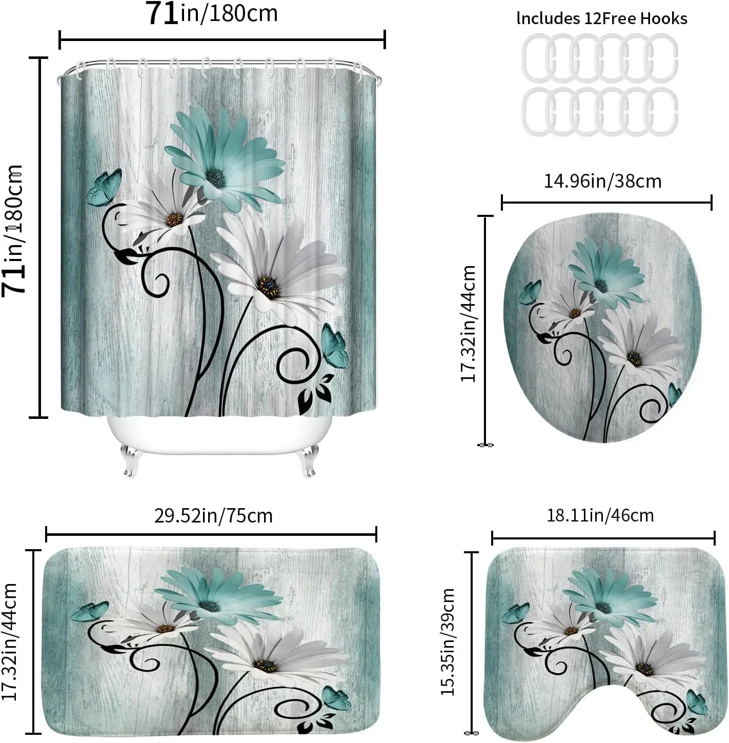 Daisy Farmhouse Shower Curtain Set With Mat And Hooks