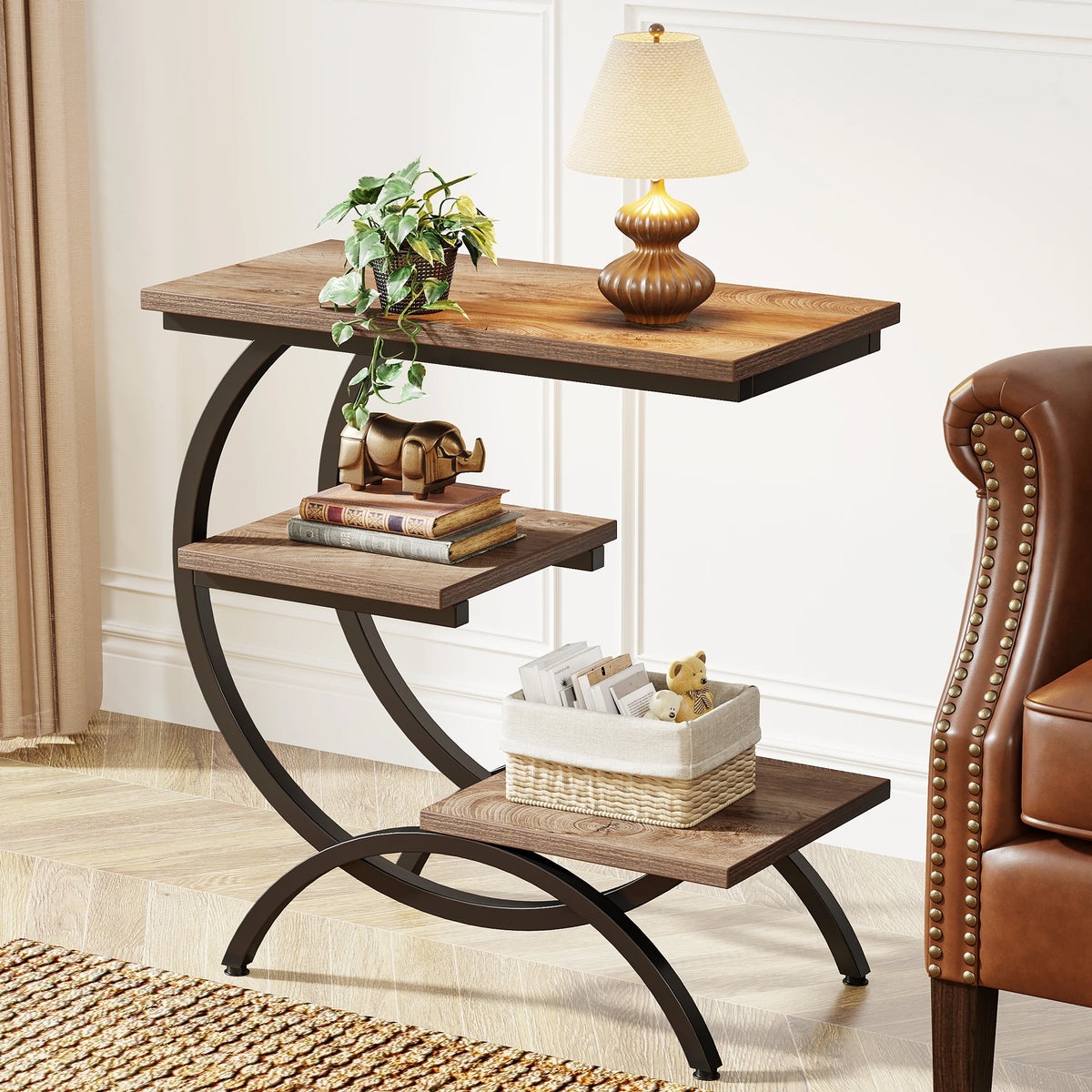 Tribesigns C Shaped Industrial End Table With Storage Shelves