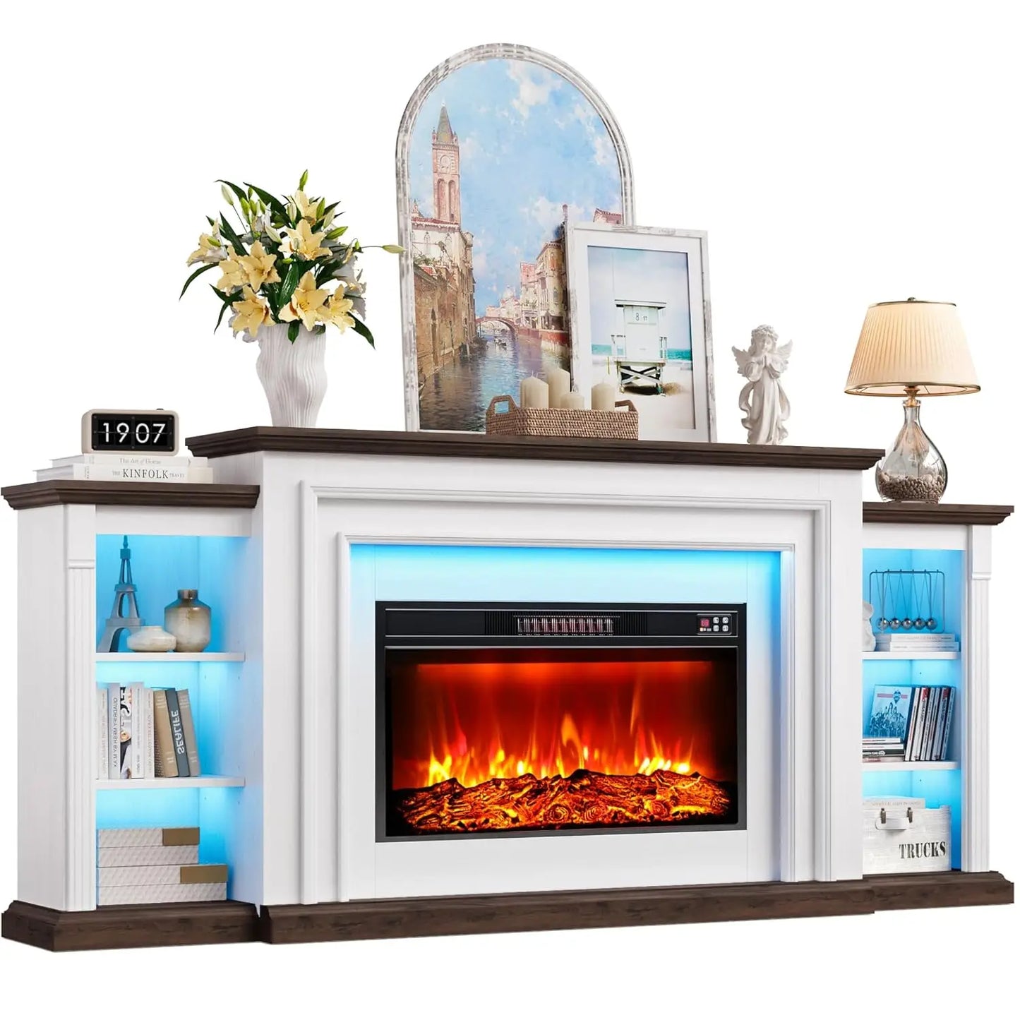 Electric Fireplace TV Stand With Mantel And Freestanding Heater Adjustable Flame