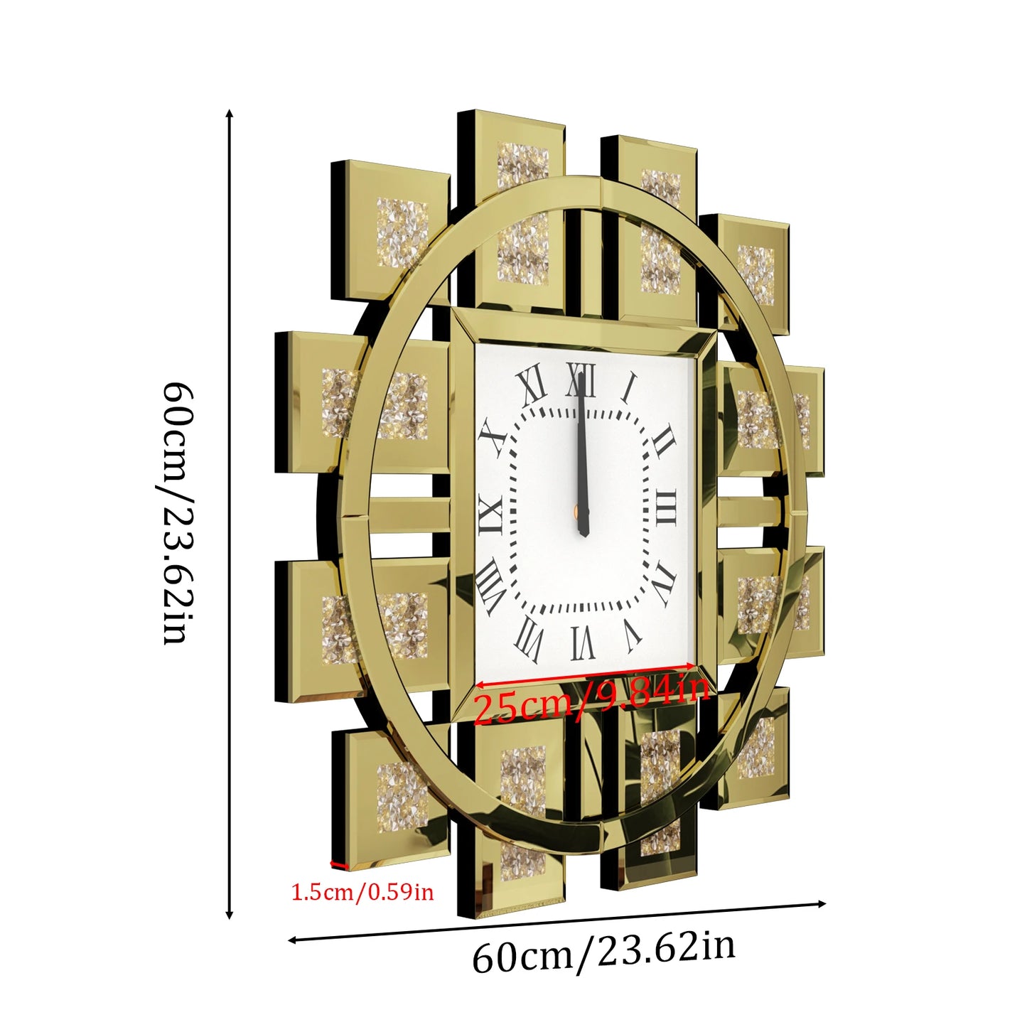 Irregular Diamond Mirrored Wall Clock Quartz Movement Roman Numerals