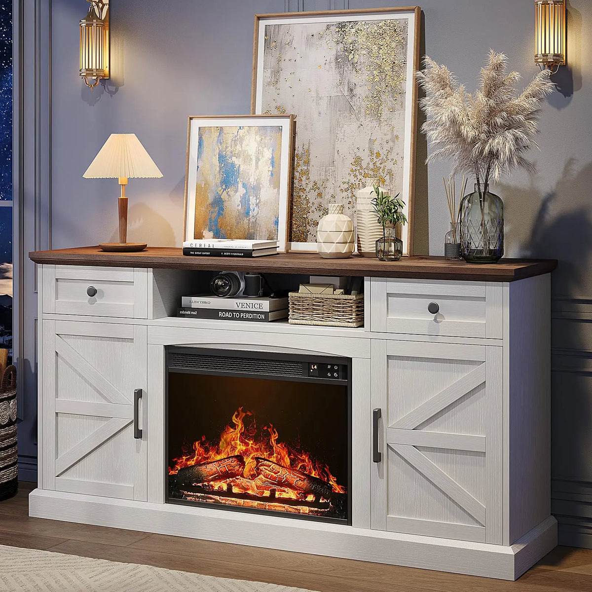 ONBRILL Farmhouse TV Stand With Electric Fireplace And Storage
