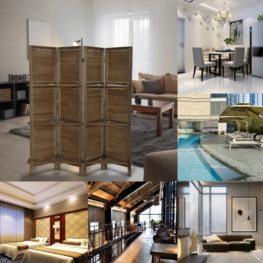 Wooden Folding Room Divider Screen With Display Shelves