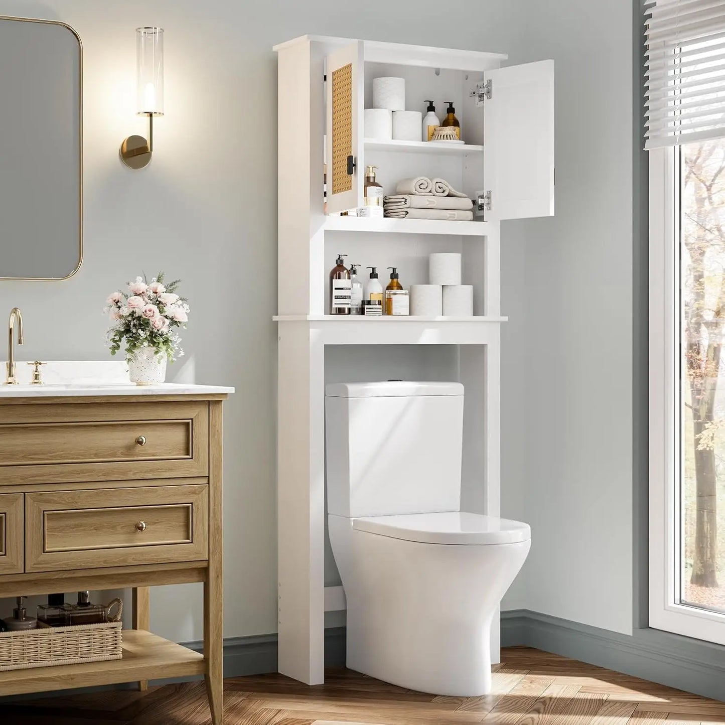 Over Toilet Storage Cabinet Natural Rattan Doors Adjustable Shelf