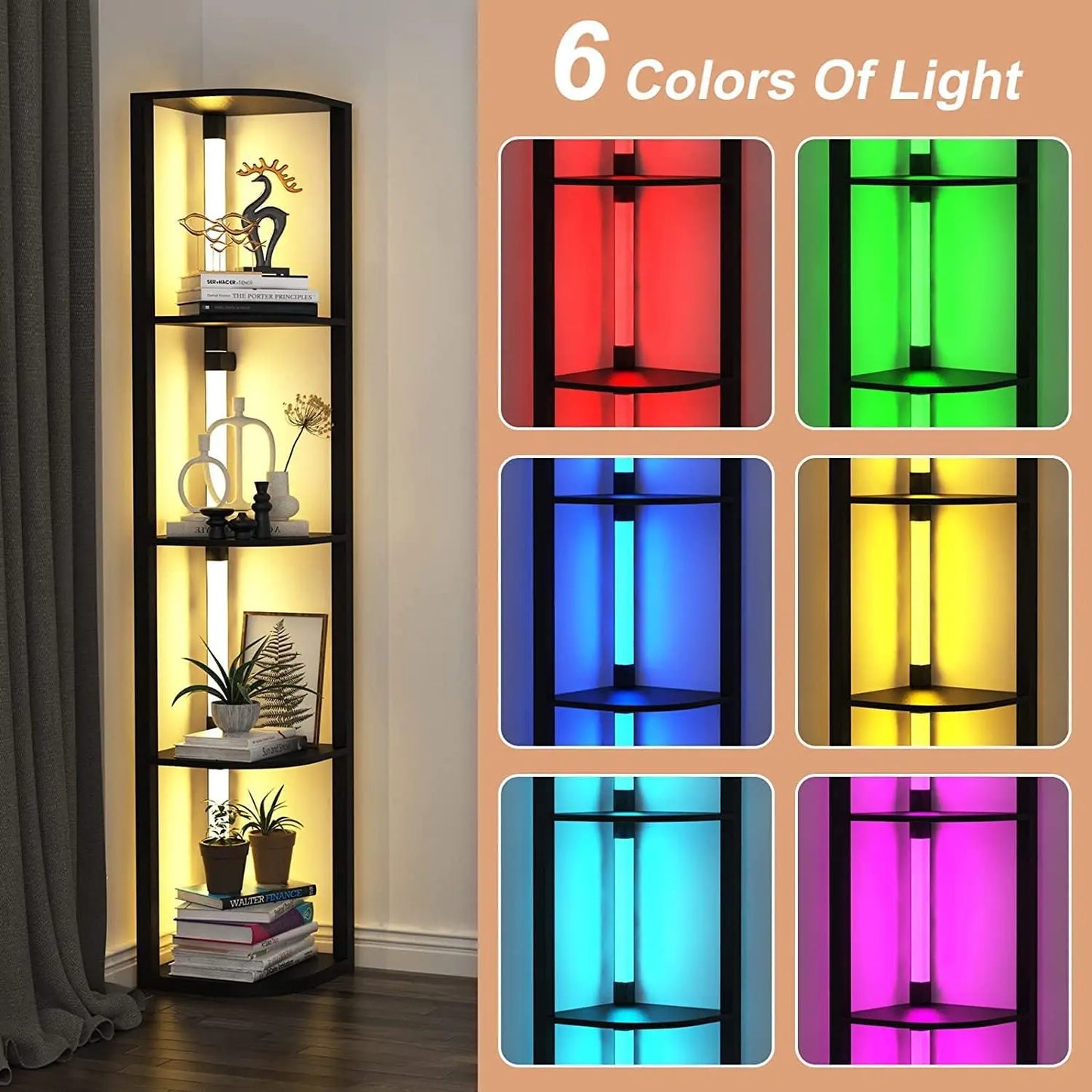 Modern Corner Shelf With LED Lights 5-Tier Storage Display