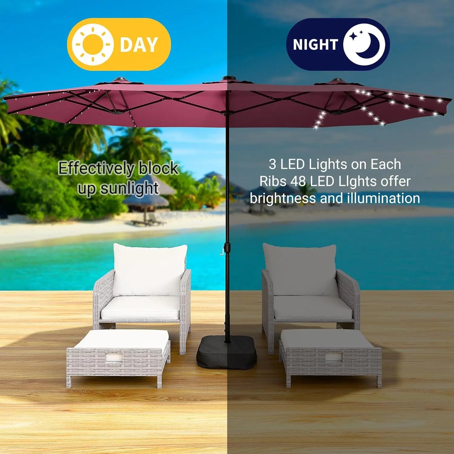 Patio Umbrella With Base And Solar LED Lights Double Sided