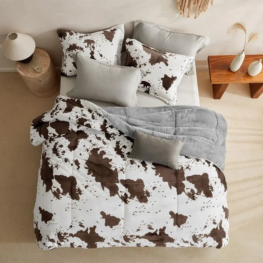 Velvet Flannel Comforter Set Cow Print Western Bedding