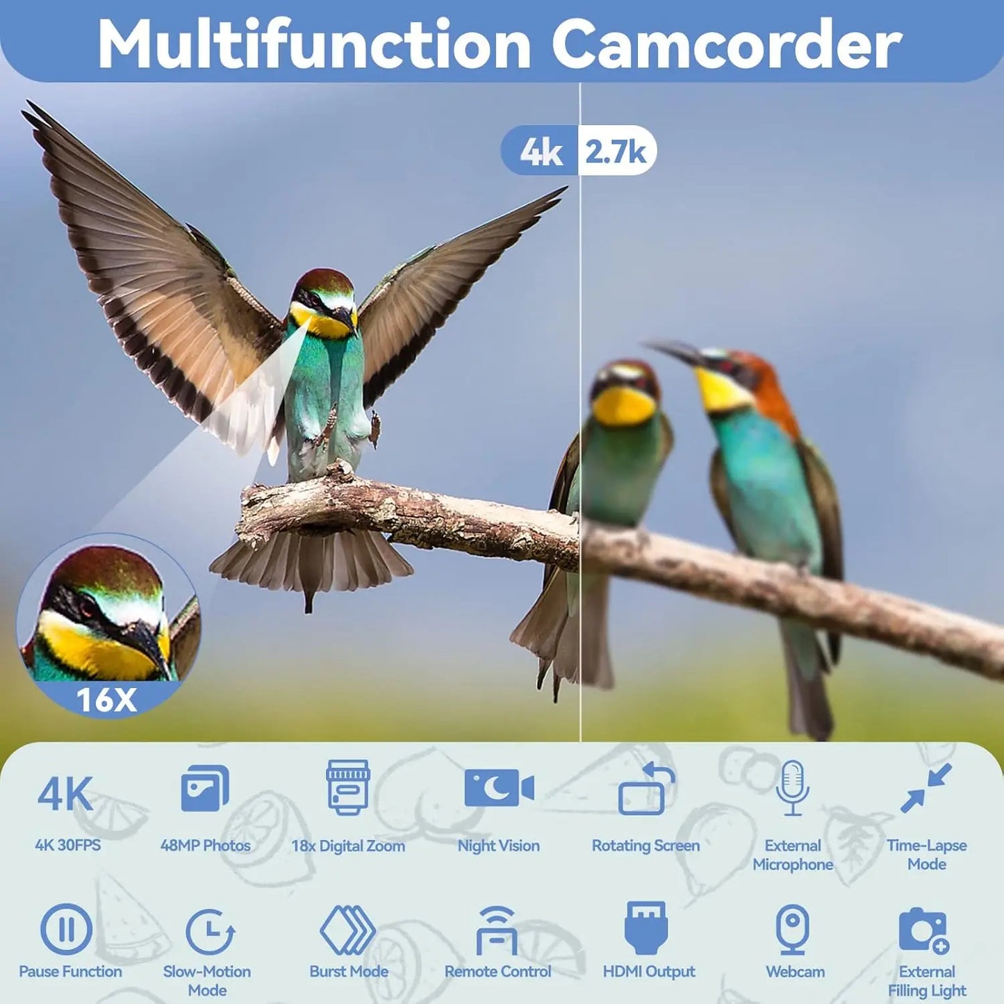 4K Camcorder With 18X Digital Zoom And 48MP For YouTube