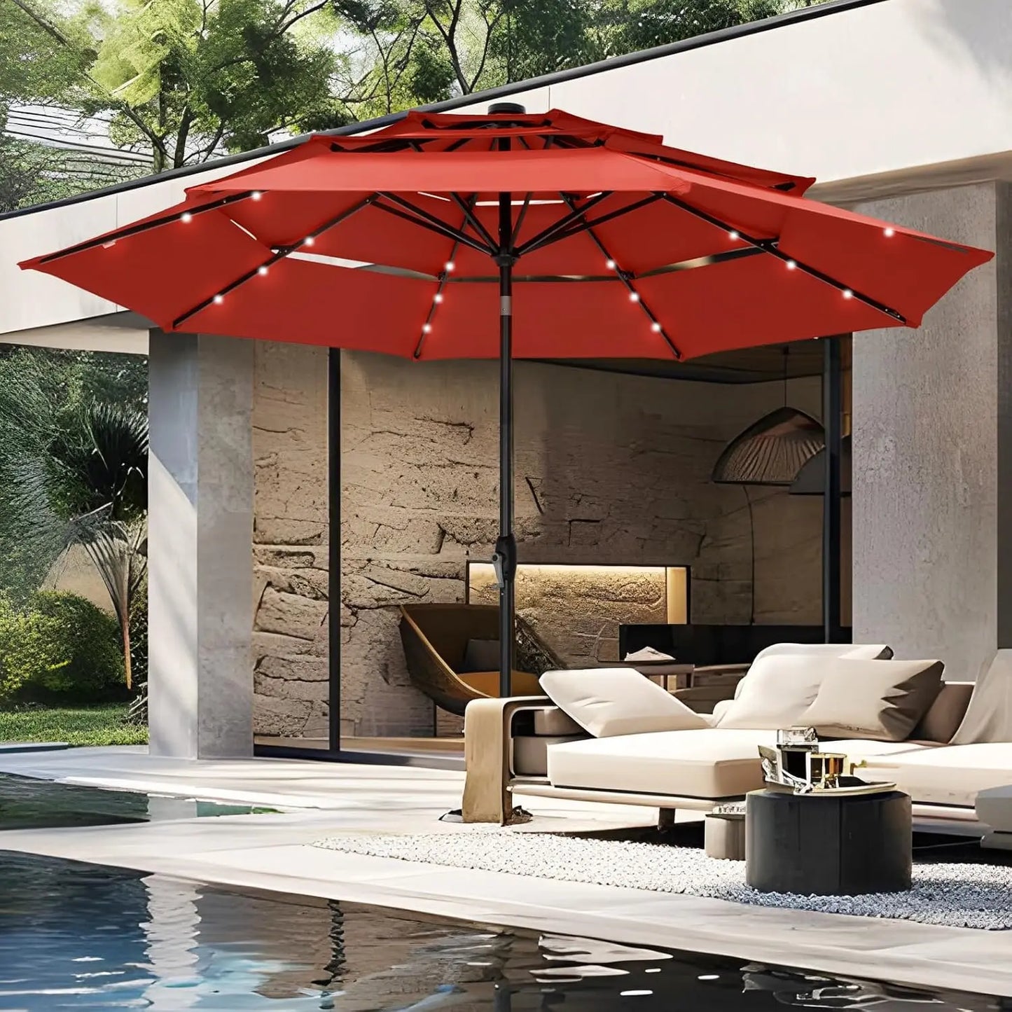 Patio Umbrella With Solar Lights For Outdoor Market Table