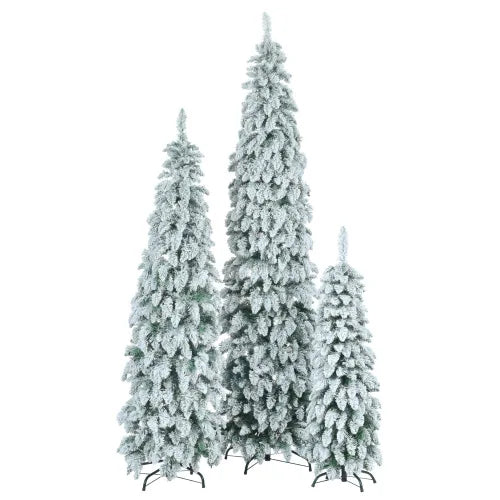 Slim Pencil Christmas Trees Set Of 3 Pre Lit With Snow Flocking