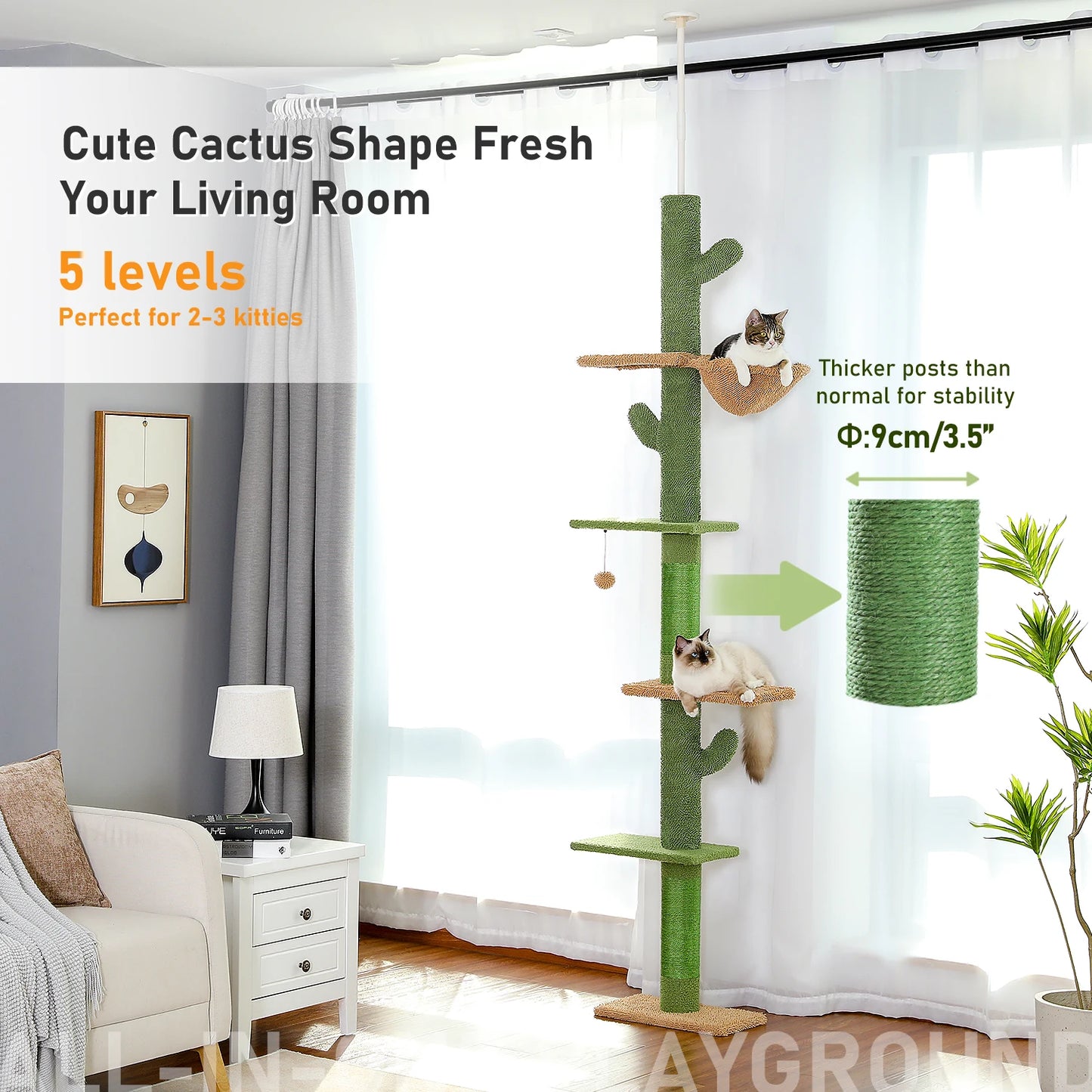 PAWZ Road 5-Tier Floor-To-Ceiling Cat Tree Cactus Climbing Tower Hammock