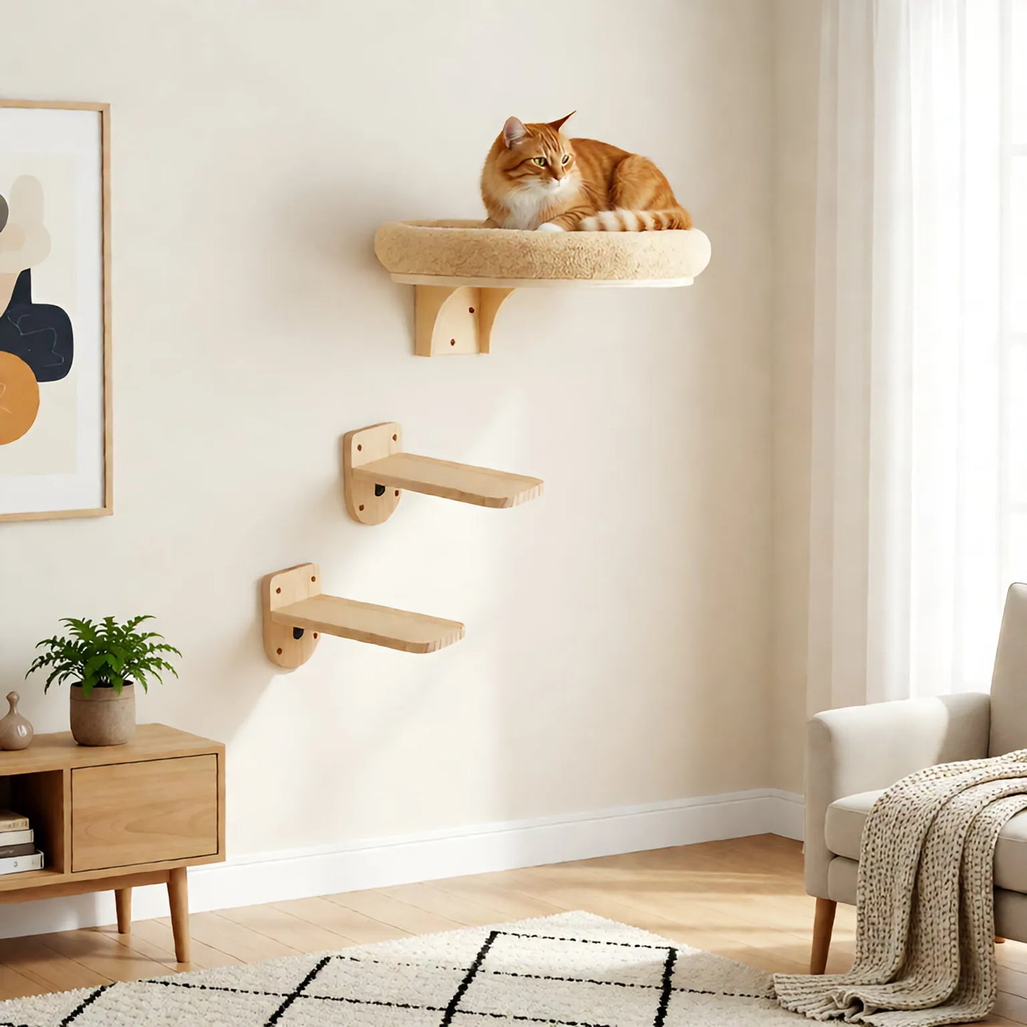 Solid Wood Cat Wall Mount Climbing Ladder With Hammock And Scratching Post