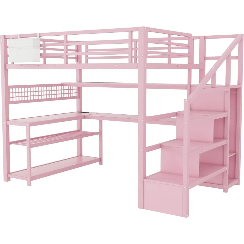 Loft Bed With Stairs And Desk Storage And Charging Station