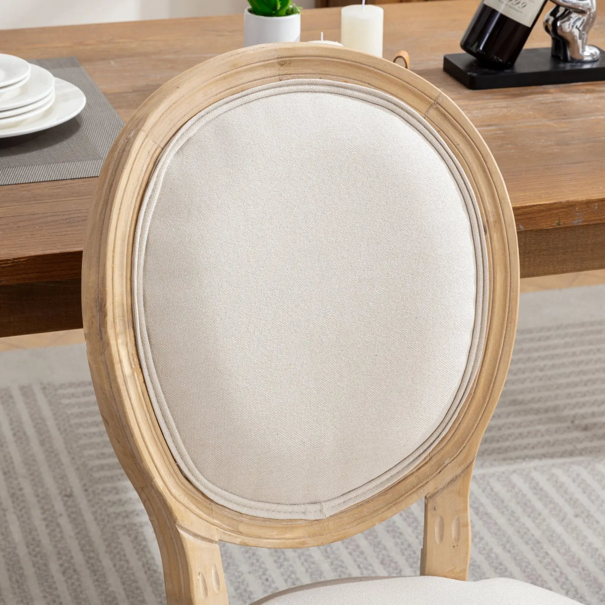 OAKCIA French Style Solid Wood Linen Back Dining Chair Set
