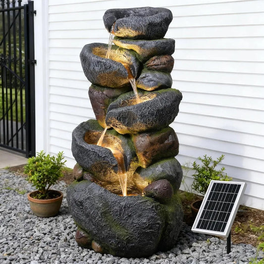 5-Tier Rock Solar Water Fountain For Outdoor Garden Decoration