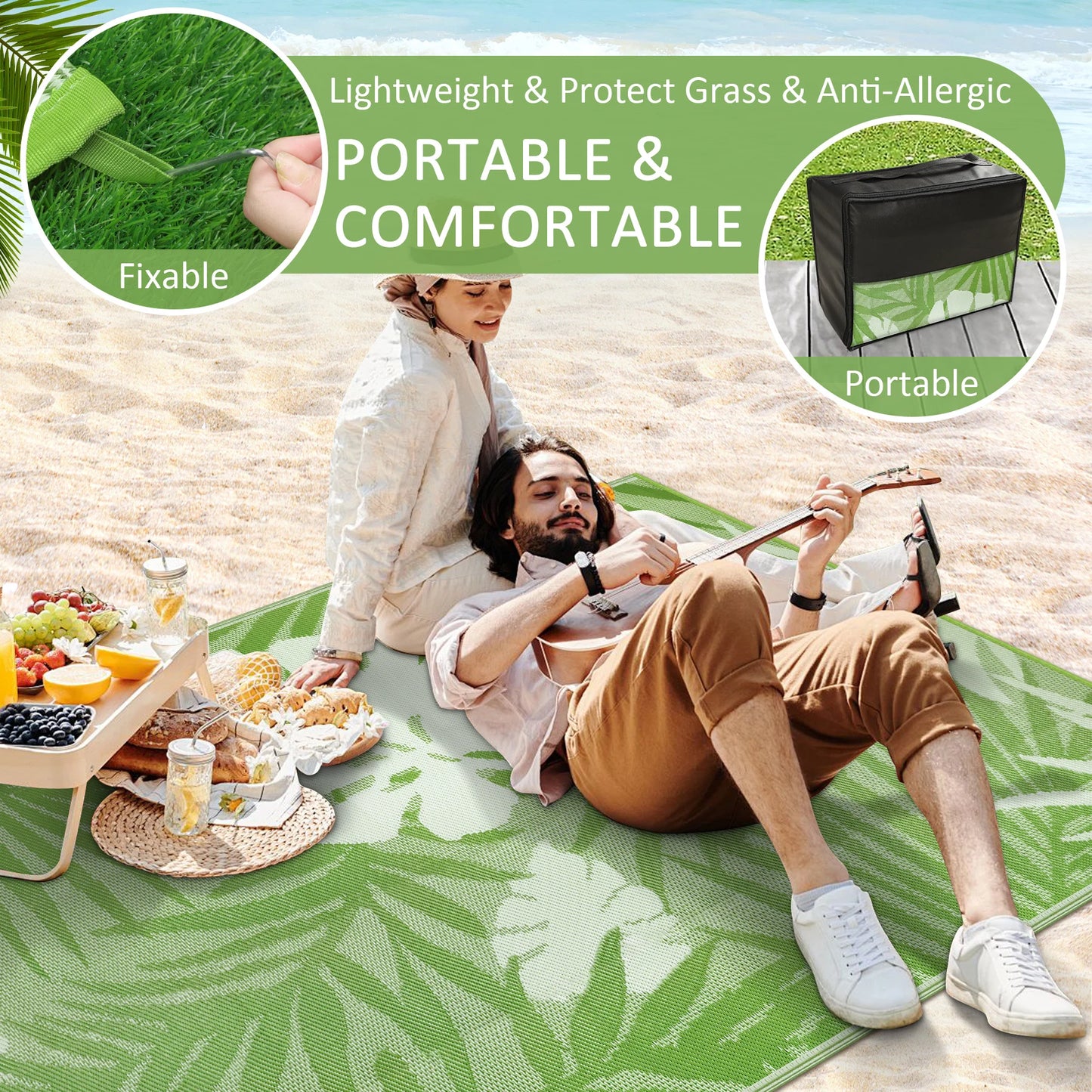Outdoor Recycled Plastic Straw Rug Waterproof Patio Carpet Leaves